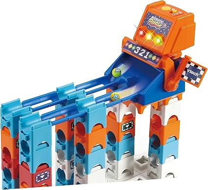 VTech Marble Rush Juego de construcción y caja de almacenamiento, juego de construcción para niños, 5 canicas y 62 piezas de construcción, pista de canicas con lanzador, juguete de construcción, juego de pistas para mayores de 4, 5 y 6 años