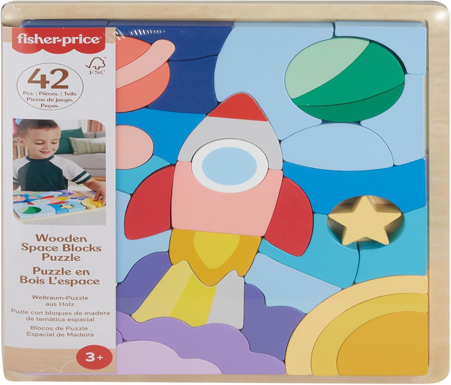 Fisher-Price Quebra-cabeça de espaço de madeira para brinquedo pré-escolar com blocos de empilhamento, 42 peças de madeira para classificar jogos a partir de 3 anos, HXY42