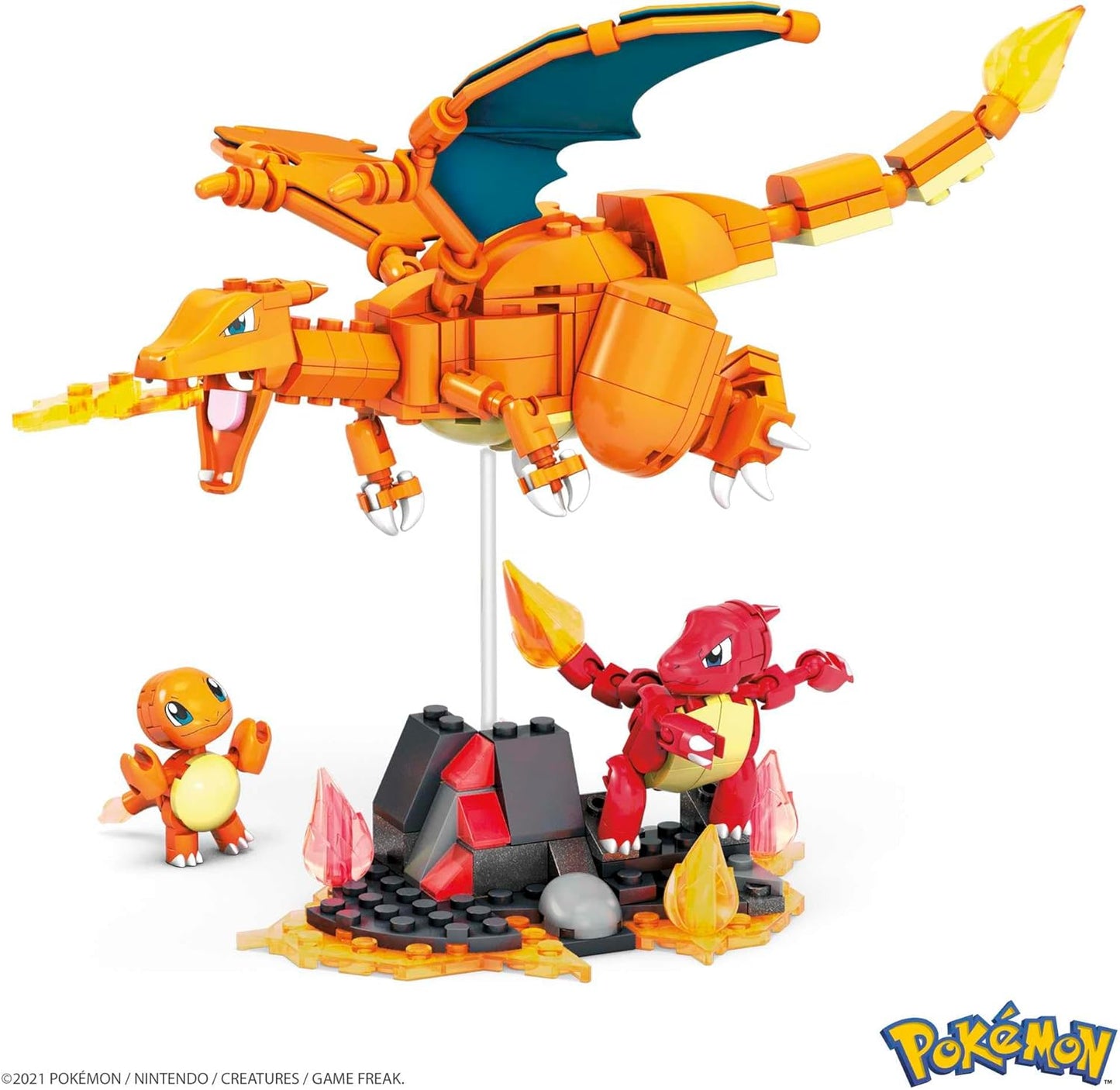 MEGA Brinquedos de construção de bonecos de ação Pokémon para crianças, conjunto Charmander Evolution com 300 peças, 3 personagens articulados, Charmeleon e Charizard, HFG06