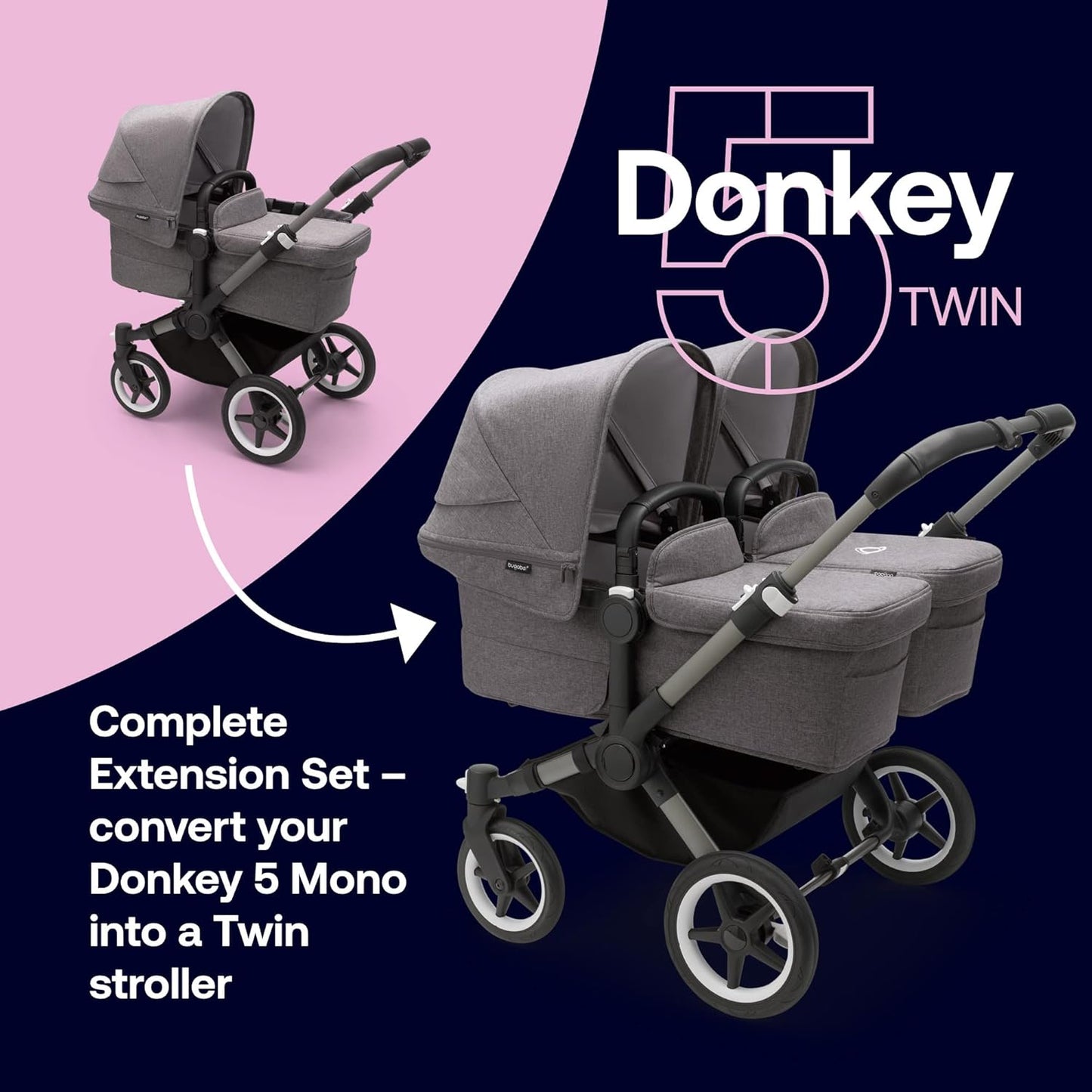 Conjunto de extensão dupla Bugaboo Donkey 5, converte seu Donkey 5 Mono em um carrinho duplo, lado a lado, design aprimorado, assento reversível e direção com uma mão, melange cinza