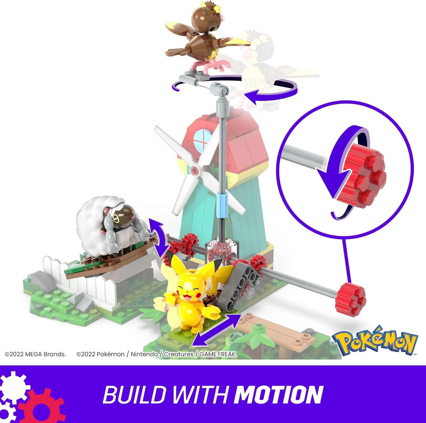 MEGA Conjunto de brinquedos de construção Pokémon, moinho de vento rural com 240 peças, movimento e 3 figuras de ação articuladas, para crianças, HKT21