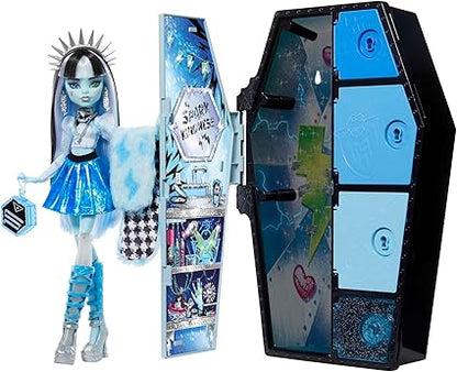 Monster High Boneca e conjunto de moda, Frankie Stein, Skulltimate Secrets: Fearidescent Series, armário de vestir com mais de 19 surpresas, HNF75