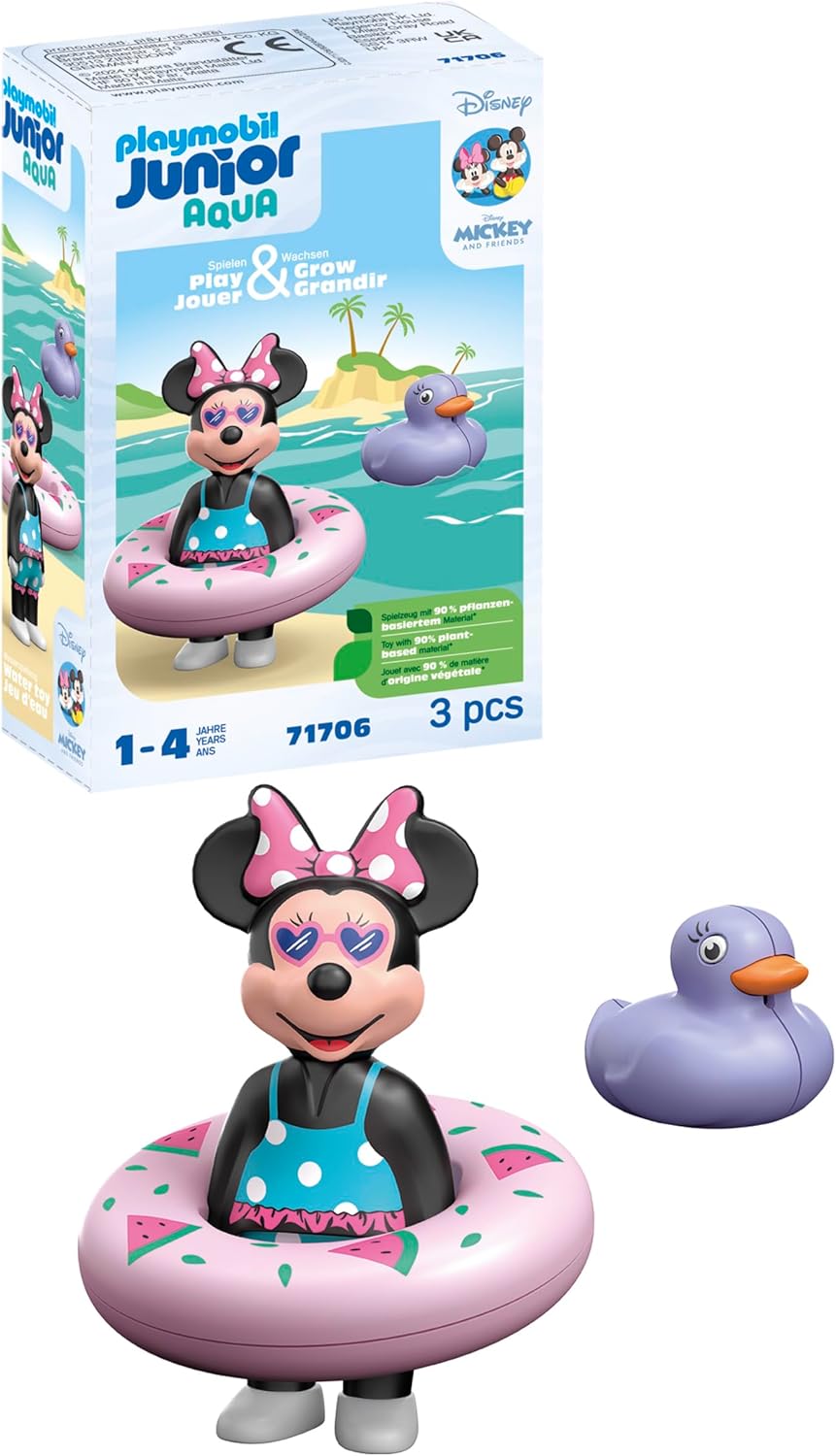 PLAYMOBIL 71706 JUNIOR e Disney: Viagem à praia da Minnie Mouse, incluindo anel de natação e pato, brinquedo sustentável feito de plástico vegetal