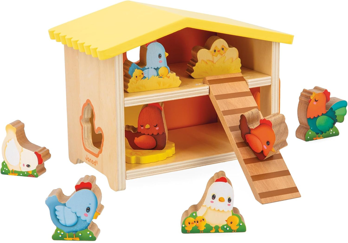 Janod First Children’s Pretend Play Toy-1 Galinheiro + 9 Galinhas + 1 Escada-Jogo de Madeira FSC-Desenvolve Destreza e Imaginação-18 Meses +, J03311, Multicolor