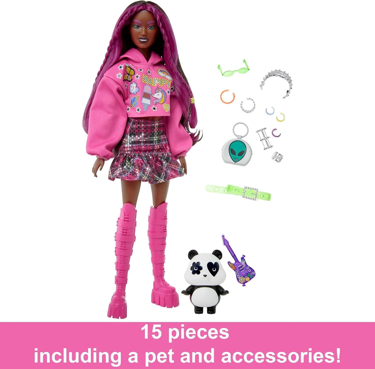 Barbie Boneca com Panda de Estimação, Barbie Extra, Brinquedos Infantis, Roupas e Acessórios, Cabelo Moreno com Listras Rosa, Moletom com Capuz Gráfico e Saia Xadrez, HKP93