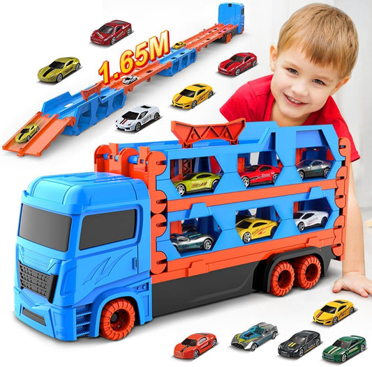 VATOS Transporte Caminhão Brinquedos Carros para Meninos Idades 3 4 5 6, Caminhão Portátil Brinquedo com 6 Carros de Corrida, Melhor Presente Veículos Transportadores Brinquedos Conjunto para Crianças