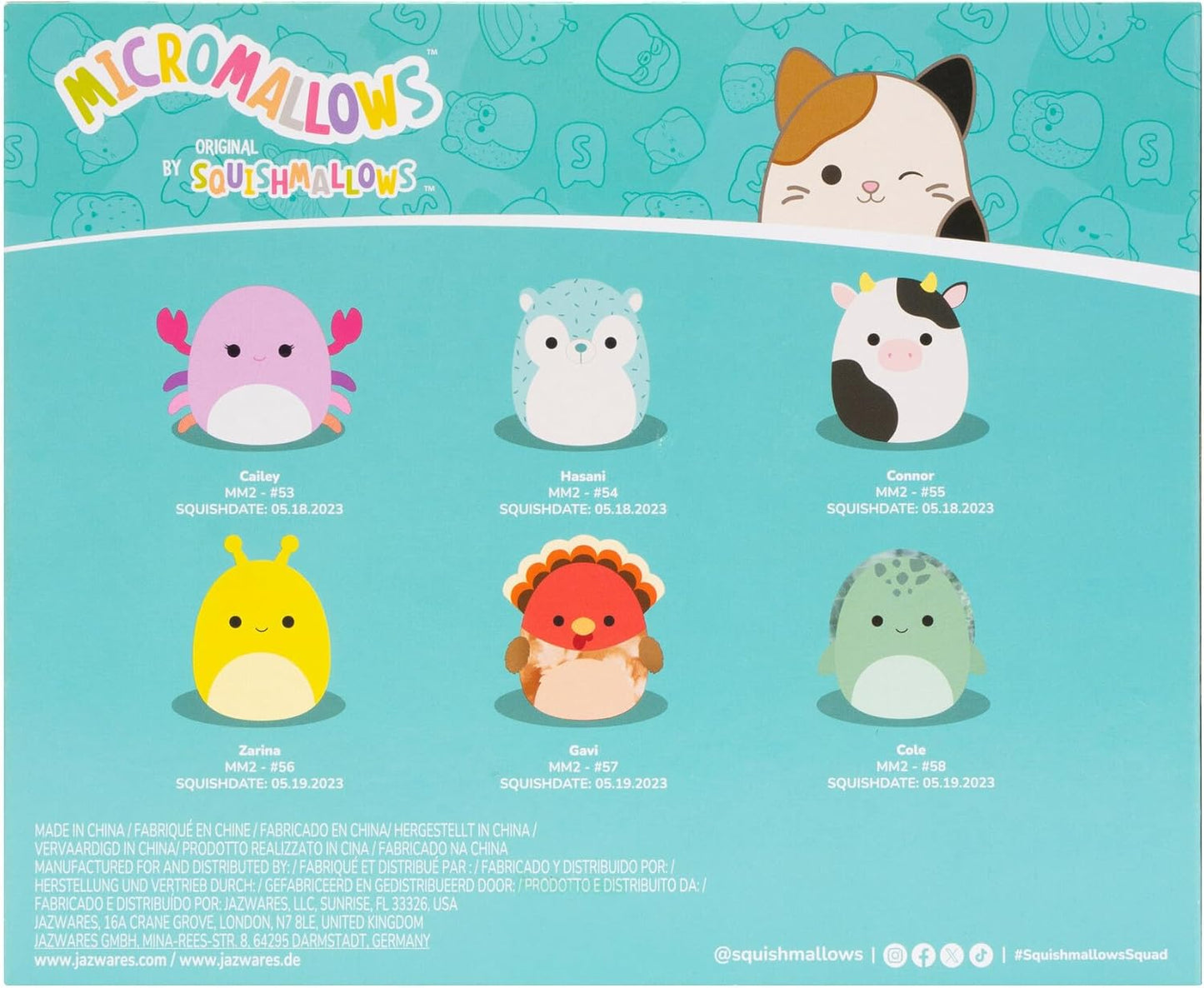 Micromallows Squishmallows Original 6-Pack - Cailey Crab, Cole Turtle, Connor Cow, Gavi Turkey, Hasani Hedgehog, Zarina Banana Slug