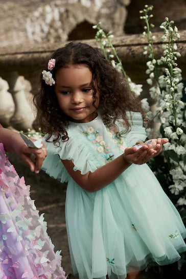 |Girl| Vestido De Festa Em Malha Bordada Azul Claro (3 meses a 10 anos)