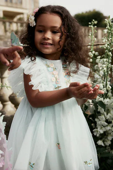 |Girl| Vestido De Festa Em Malha Bordada Azul Claro (3 meses a 10 anos)