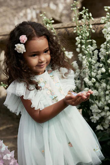 |Girl| Vestido De Festa Em Malha Bordada Azul Claro (3 meses a 10 anos)