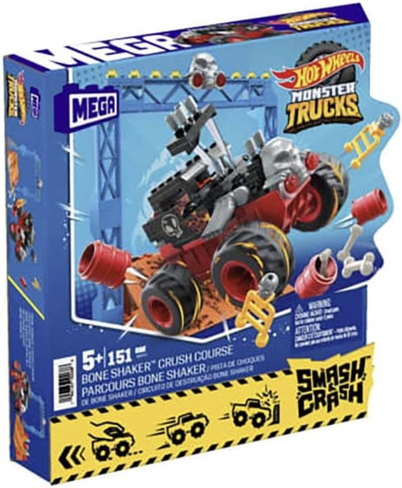 MEGA Hot Wheels Monster Trucks Building Toy, Smash & Crash Bone Shaker Crush Course com 151 peças, 1 figura e 1 rampa, vermelho, crianças de 5 anos ou mais, HKF87