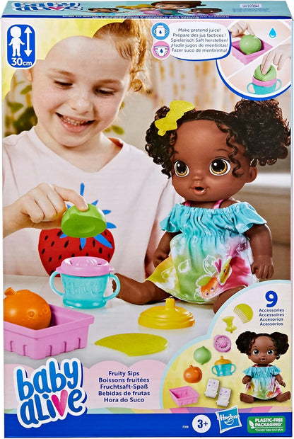 Muñeca Baby Alive Fruity Sips, lima, juego de muñeca exprimidora, bebidas y salsas, juguete para niños a partir de 3 años, pelo negro