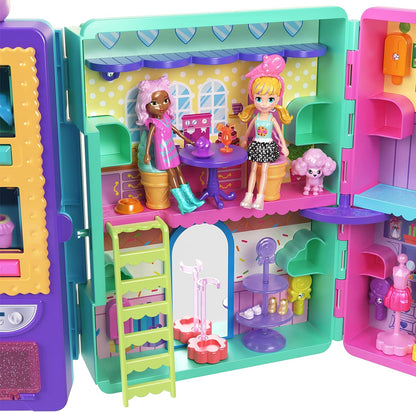 Polly Pocket Playset e 2 bonecas (3 polegadas), máquina de venda automática estilo doce, 2 andares, mais de 35 peças de móveis, roupas e acessórios, HKW12