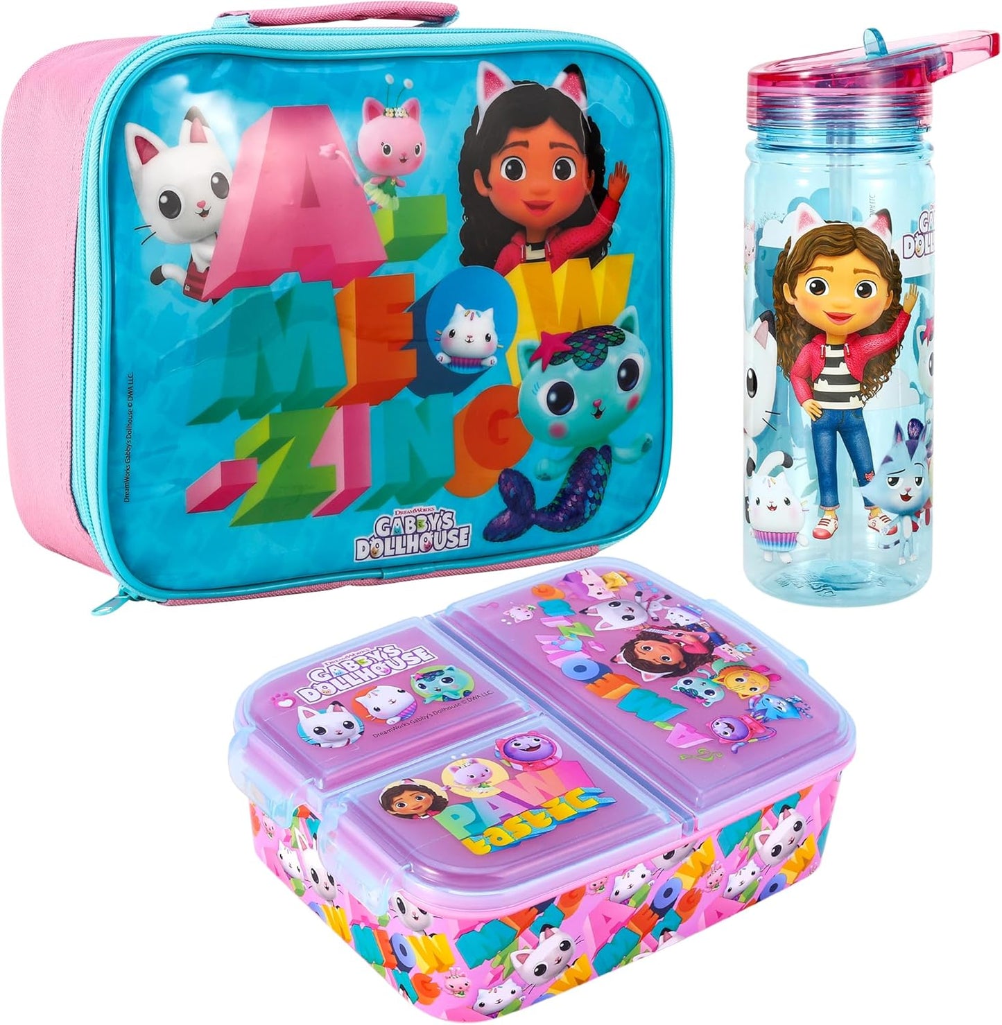 Zawadi Global Conjunto de lancheira infantil Gabby's Dollhouse Kids - lancheira isolada, lancheira com vários compartimentos e garrafa de água de 580 ml - conjunto de comida para almoço de viagem escolar