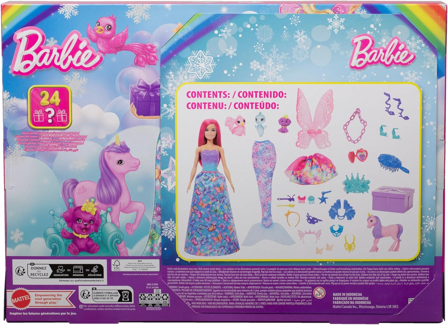 Barbie Calendário do Advento da com boneca e 24 acessórios surpresa, incluindo unicórnio e 3 animais de estimação, transforme a boneca da moda de cabelo rosa em sereia, fada e muito mais, HRG90