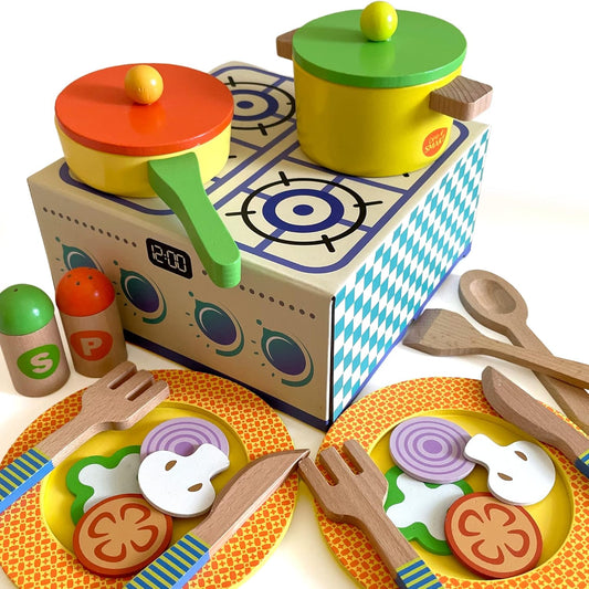 Bee Smart Conjunto de brinquedos de cozinha de madeira | Crianças fingem playset com panelas, alimentos, pratos e utensílios | Acessórios de cozinha Brinquedo para cozinhar e servir para imaginação e dramatização | 22 peças