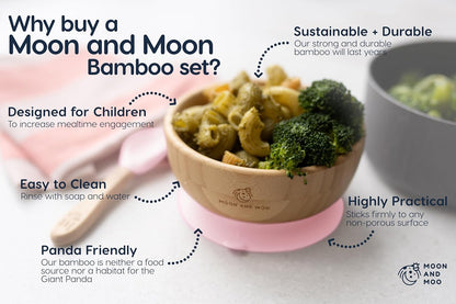 Moon and Moo Conjunto de tigela e colher de sucção de bambu para crianças, bebês e bebês desmamados - Não tóxico - Sem plástico - Fique no lugar - Tigela de sucção para bebês - Conjunto de desmame de bebês