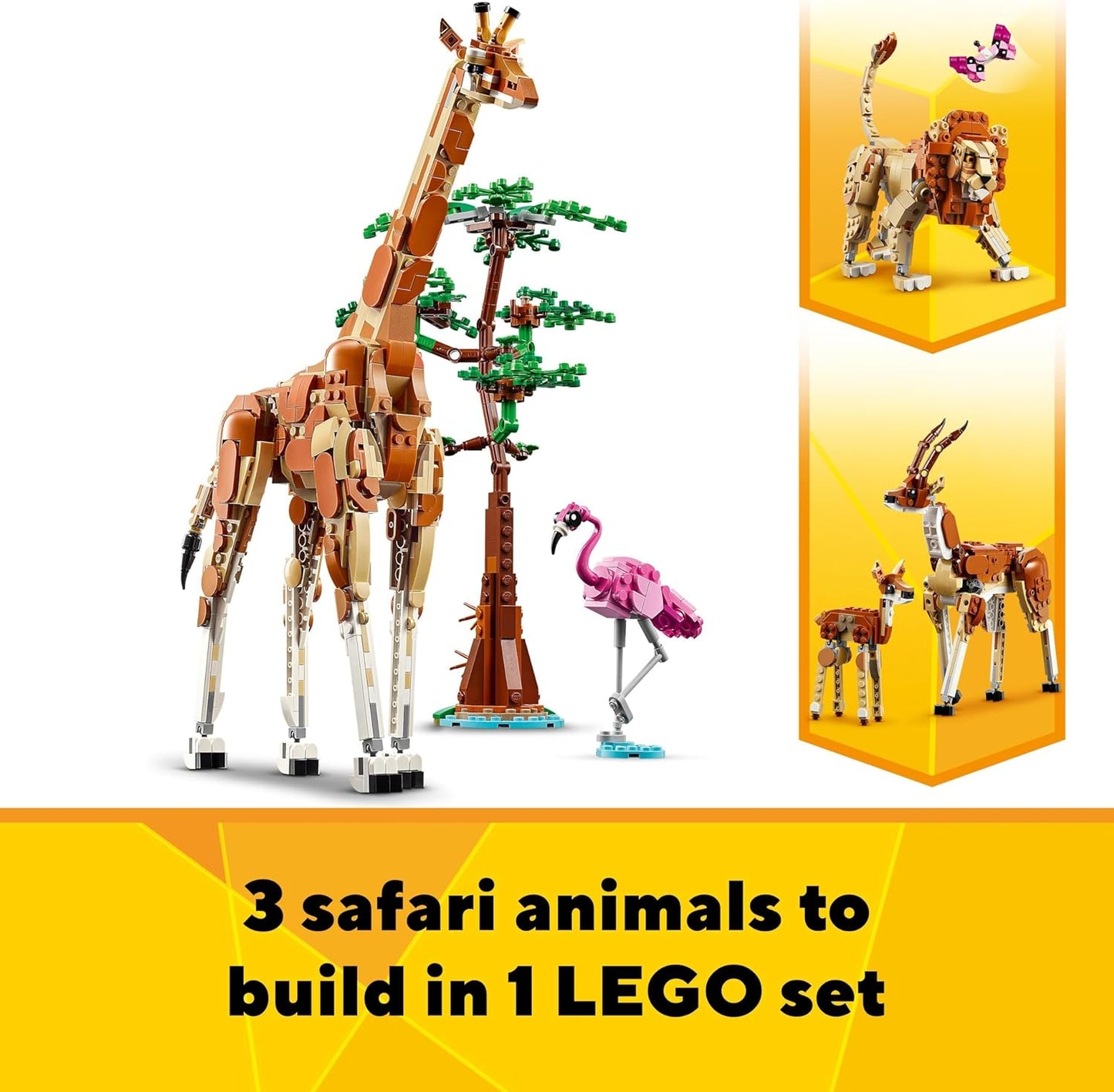 LEGO Criador 3 em 1 animais selvagens de safari, brinquedo de girafa para figuras de gazela para modelo de leão, conjunto para crianças, meninas e meninos de 9 anos ou mais, inclui flamingo e borboleta, presentes da natureza