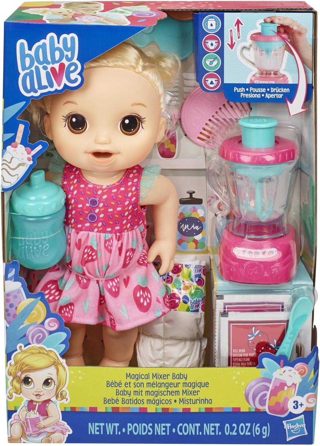 Baby Alive Magic Mixer Baby Doll Batido de fresa con accesorios para licuadora, bebidas, salsas, comidas, juguete para cabello rubio para niños a partir de 3 años