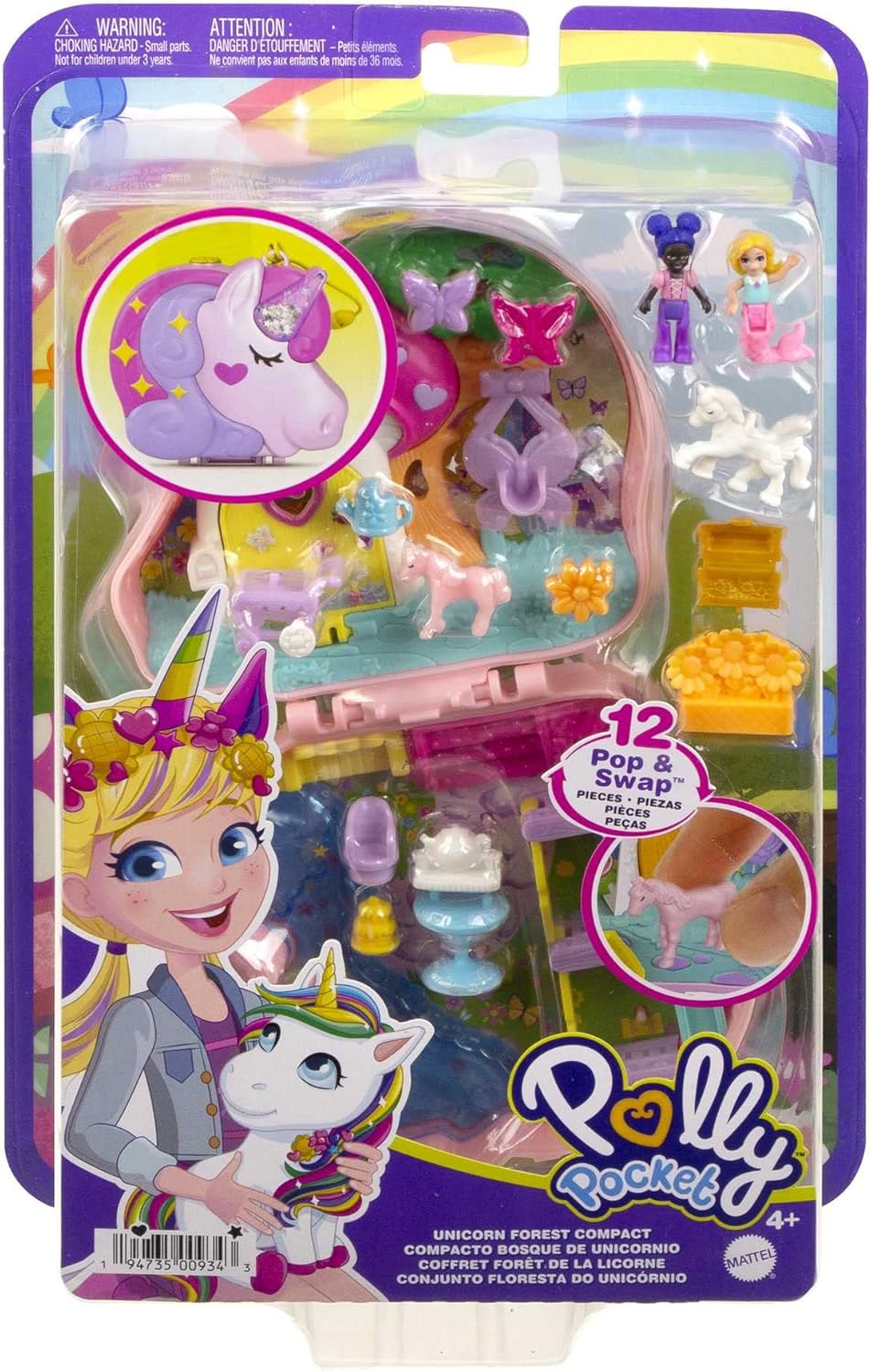 Polly Pocket Unicorn Forest Compact, tema Tea Party, 12 acessórios para brinquedos pop e swap, 2 bonecas Polly Pocket, brinquedos para maiores de 4 anos, um playset Polly Pocket, HCG20