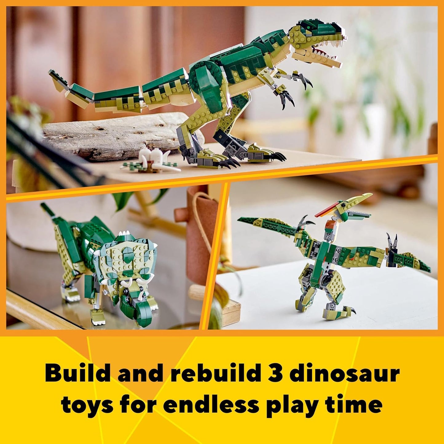 LEGO Criador 3 em 1 T. rex para Triceratops para brinquedos de pterodáctilo, figuras de dinossauros para meninos e meninas de 9 anos ou mais, conjunto de construção de modelo de brinquedo Dino ajustável, ideia