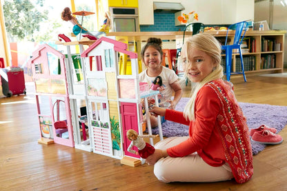 Barbie Casa de bonecas de 3 andares com elevador, cadeira de balanço, móveis e acessórios, dobrável para portabilidade e viagem, DLY32