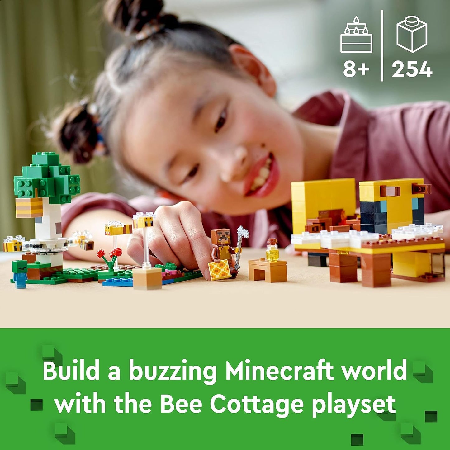 LEGO 21241 Minecraft The Bee Cottage Brinquedo de construção com casa edificável, fazenda, bebê zumbi e figuras de animais, ideia de presente de aniversário para meninos e meninas