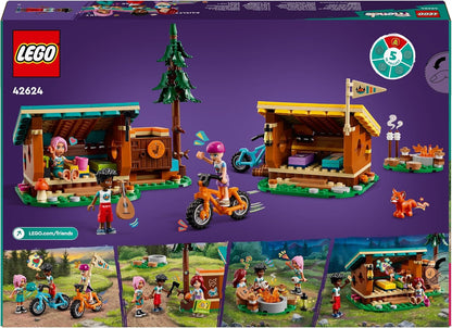 LEGO Conjunto de brinquedos de acampamento Friends Adventure Camp Cozy Cabins, conjunto infantil de natureza, brincadeira de simulação para meninas e meninos de 7 anos ou mais, com 3 personagens minibonecas e uma raposa 42624