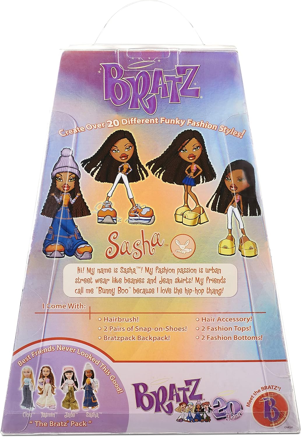 Bratz 573449EUC Sasha 20 edição especial boneca da moda original embalagem holográfica e pôster-colecionável-motivo 20 Yearz, Fan Fave relançamento 2001 réplica-inclui 2 roupas, sapatos, bolsa