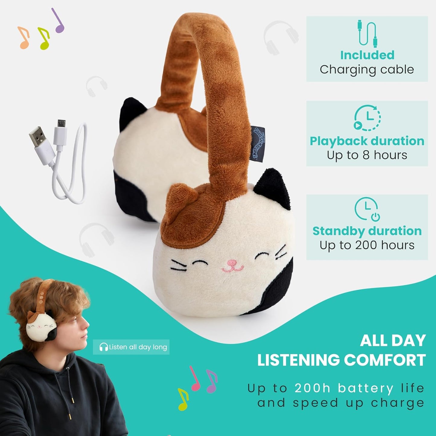 Squishmallows Cam The Cat Plush Fones de ouvido Bluetooth com microfone embutido para fazer e receber chamadas. Alcance Bluetooth de 10 metros, controle de volume