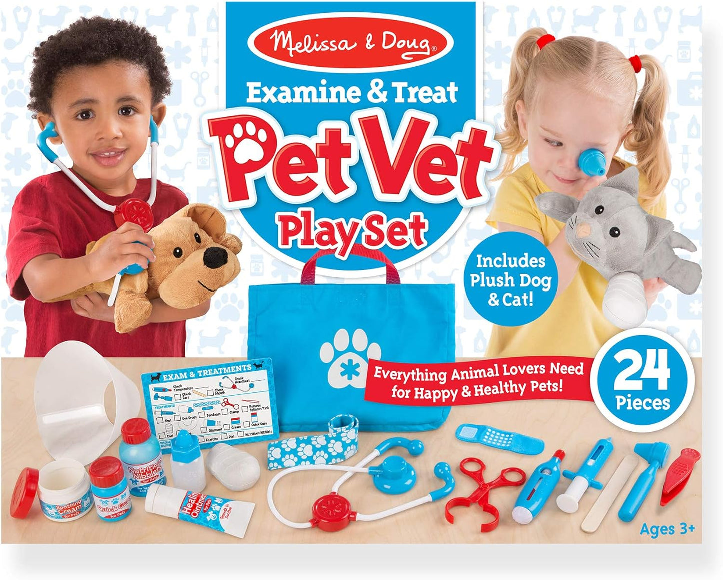 Melissa & Doug Conjunto veterinário para brinquedos infantis, kit veterinário de simulação para brinquedos veterinários infantis, brinquedos de pelúcia para cães e gatos para presentes de meninas de 3 anos