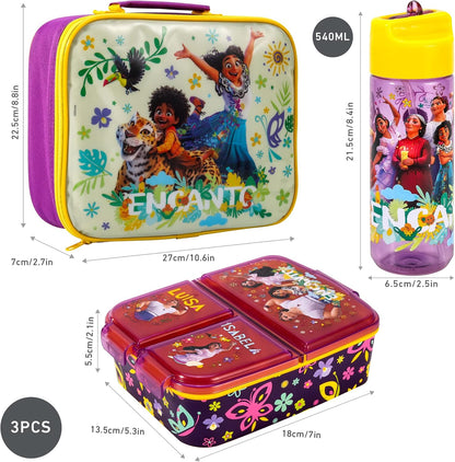 Zawadi Global Conjunto de lancheira infantil Encanto Kids - lancheira isolada, lancheira com vários compartimentos e garrafa de água de 540 ml - conjunto de comida para almoço de viagem escolar,