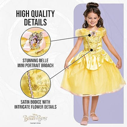 DISGUISE Disney Official Deluxe Princess Belle Dress Up para meninas, Belle Costume Kids, Beauty and the Beast Costume, Belle Fancy Dress Outfit, Fantasias do Dia Mundial do Livro para meninas