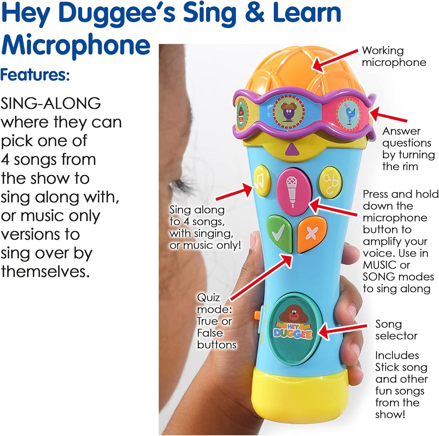 Hey Duggee  Toys HD23 Brinquedo de microfone para crianças - ajuda no desenvolvimento infantil, aprendizado, observação, habilidades auditivas - recursos de tempo de teste e modos de cantar junto, 3 anos ou mais, cinza claro