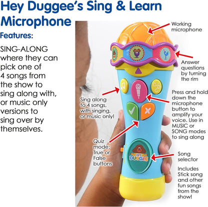 Hey Duggee  Toys HD23 Brinquedo de microfone para crianças - ajuda no desenvolvimento infantil, aprendizado, observação, habilidades auditivas - recursos de tempo de teste e modos de cantar junto, 3 anos ou mais, cinza claro