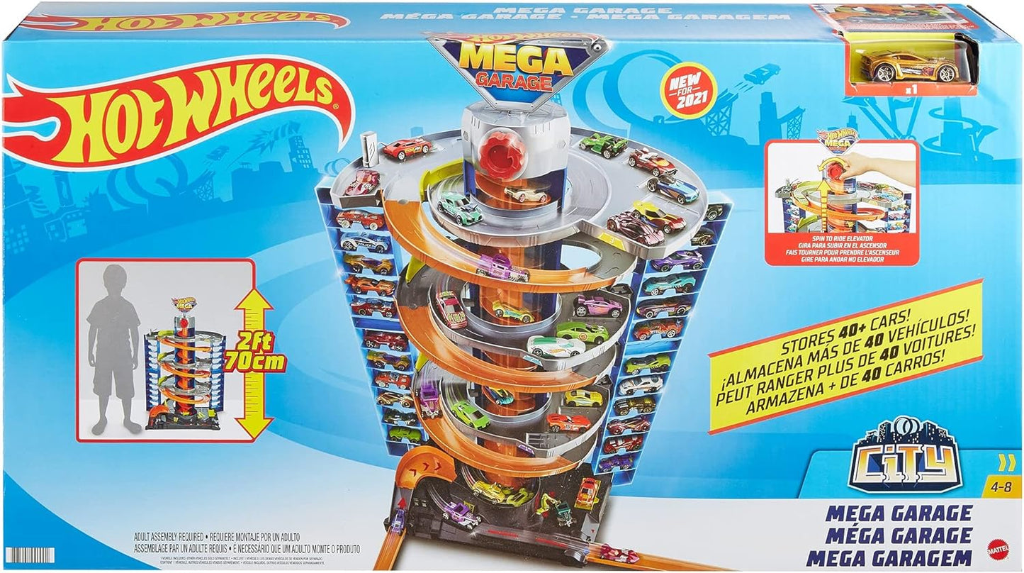 Hot Wheels City Mega Garage Playset com elevador saca-rolhas e armazenamento para mais de 60 carros, inclui 1 veículo Hot Wheels escala 1:64, presente para crianças de 4 anos ou mais, HFH03