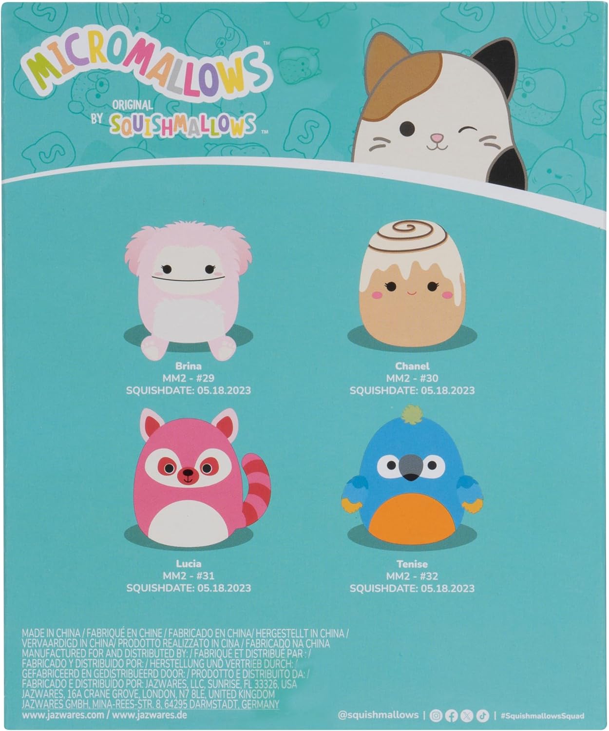 Squishmallows Micromallows Original 4-Pack - Brina Bigfoot, Chanel Cinnamon Roll, Lucia Lemur, Tenise Parrot