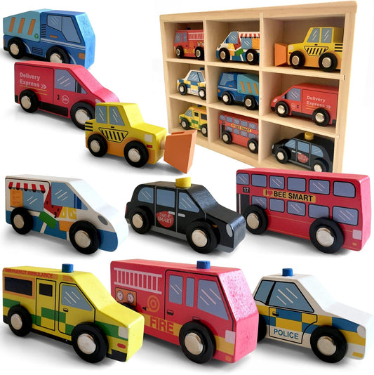 Bee Smart Carros de brinquedo de madeira - conjunto de 9 | Inclui veículo policial infantil, ônibus de Londres, táxi preto, ambulância, carro de bombeiros em caixa de madeira | Presentes de aniversário coloridos