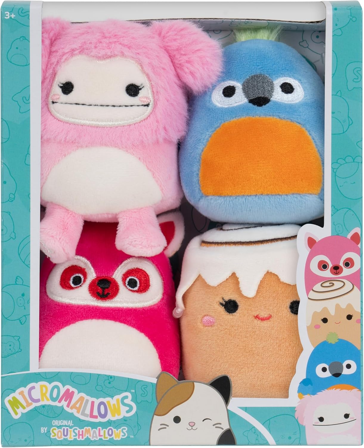 Squishmallows Micromallows Original 4-Pack - Brina Bigfoot, Chanel Cinnamon Roll, Lucia Lemur, Tenise Parrot