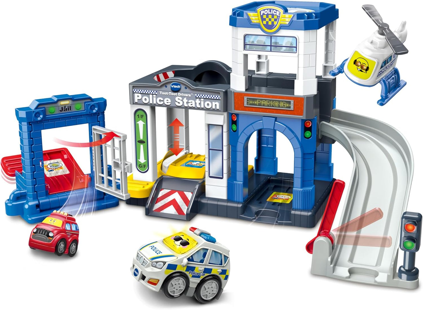 VTech Toot-Toot Drivers Police Station, conjunto de brinquedos de carro inclui carro de polícia, helicóptero e carro de fuga, pistas de veículos para crianças com luzes e sons, para crianças pequenas, 12 meses, 2, 3, 4+ anos, versão em inglês