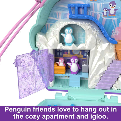 Polly Pocket Dolls e Playset, brinquedo de viagem com exterior Fidget, Snow Sweet Penguin Compact com 13 acessórios, HRD34