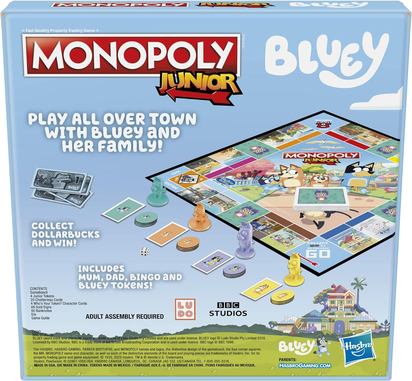 Monopoly Hasbro Gaming Monopoly Junior: Jogo de tabuleiro Bluey Edition para crianças de 5 anos ou mais, jogue como Bluey, Bingo, mamãe e papai, apresenta arte da série animada (exclusivo da Amazon)