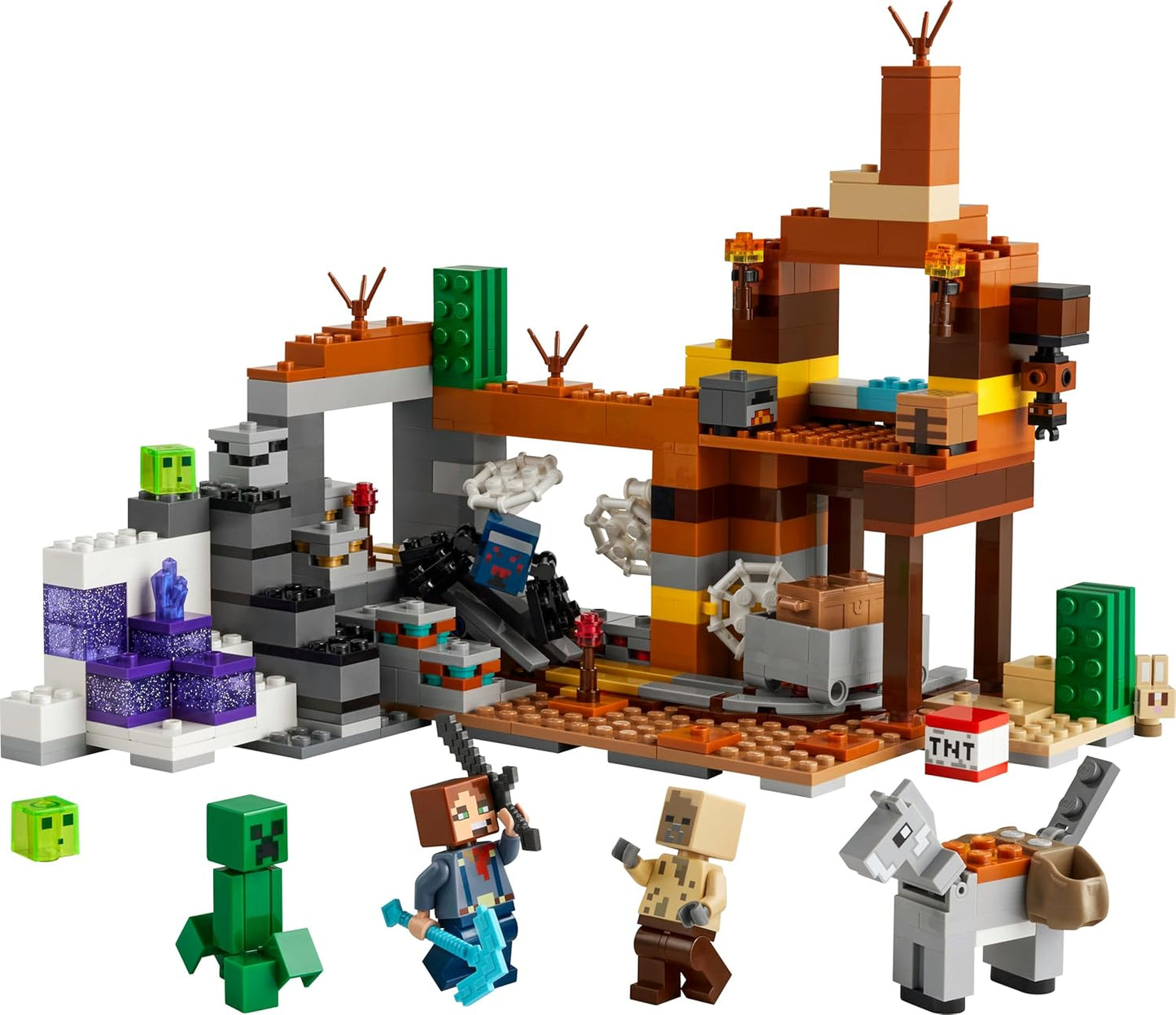 LEGO Brinquedo de videogame Minecraft The Badlands Mineshaft para meninos e meninas de 8 anos ou mais, inclui figuras de explorador, trepadeira e aranha para brincadeira independente, presente de aniversário para crianças