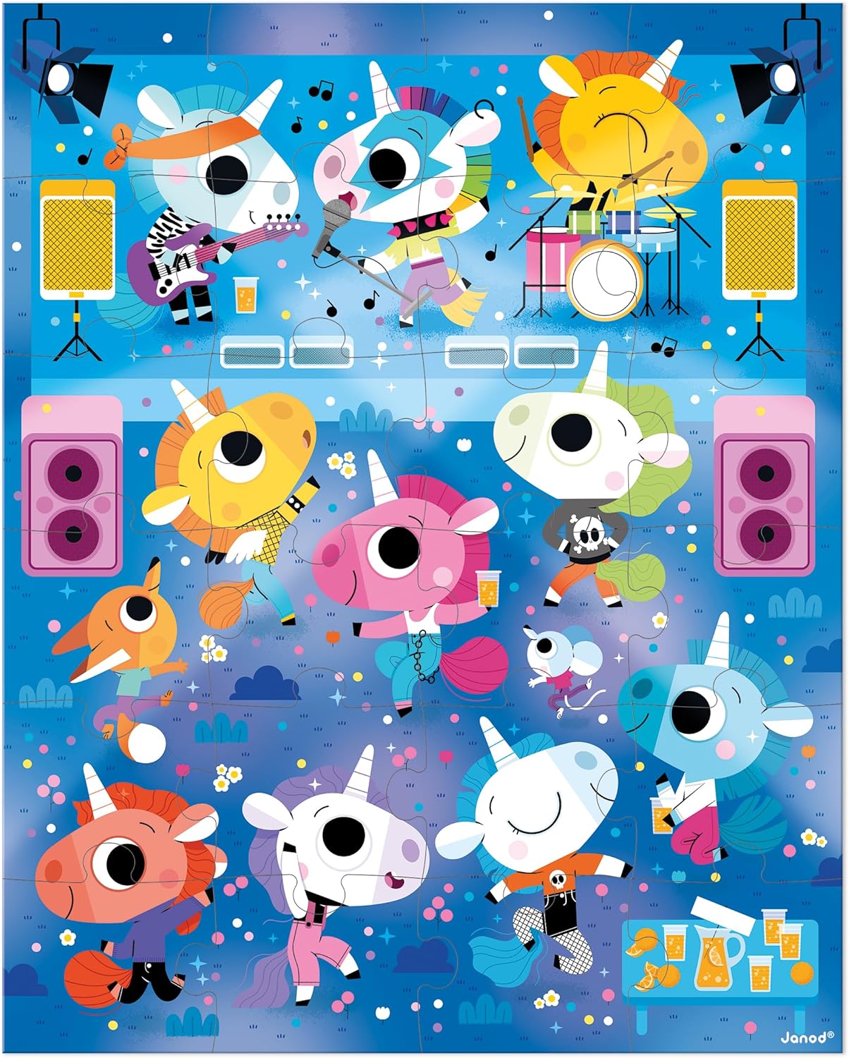 Janod - Puzzle Unicorn Rock Concert - Puzzle de cartón FSC de 24 piezas - Desarrolla la paciencia y la concentración - Fabricado en Francia - Puzzle infantil a partir de 3 años,