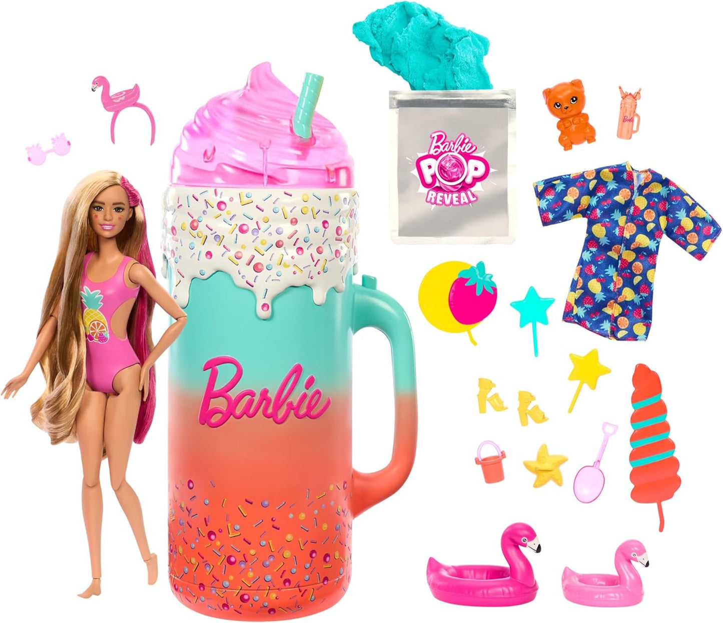 Barbie Pop Reveal Muñeca y accesorios, Rise &amp; Surprise Fruit Series Set de regalo con muñeca perfumada, mascota perfumada suave, cambio de color, arena moldeable y más, más de 15 sorpresas, HRK57