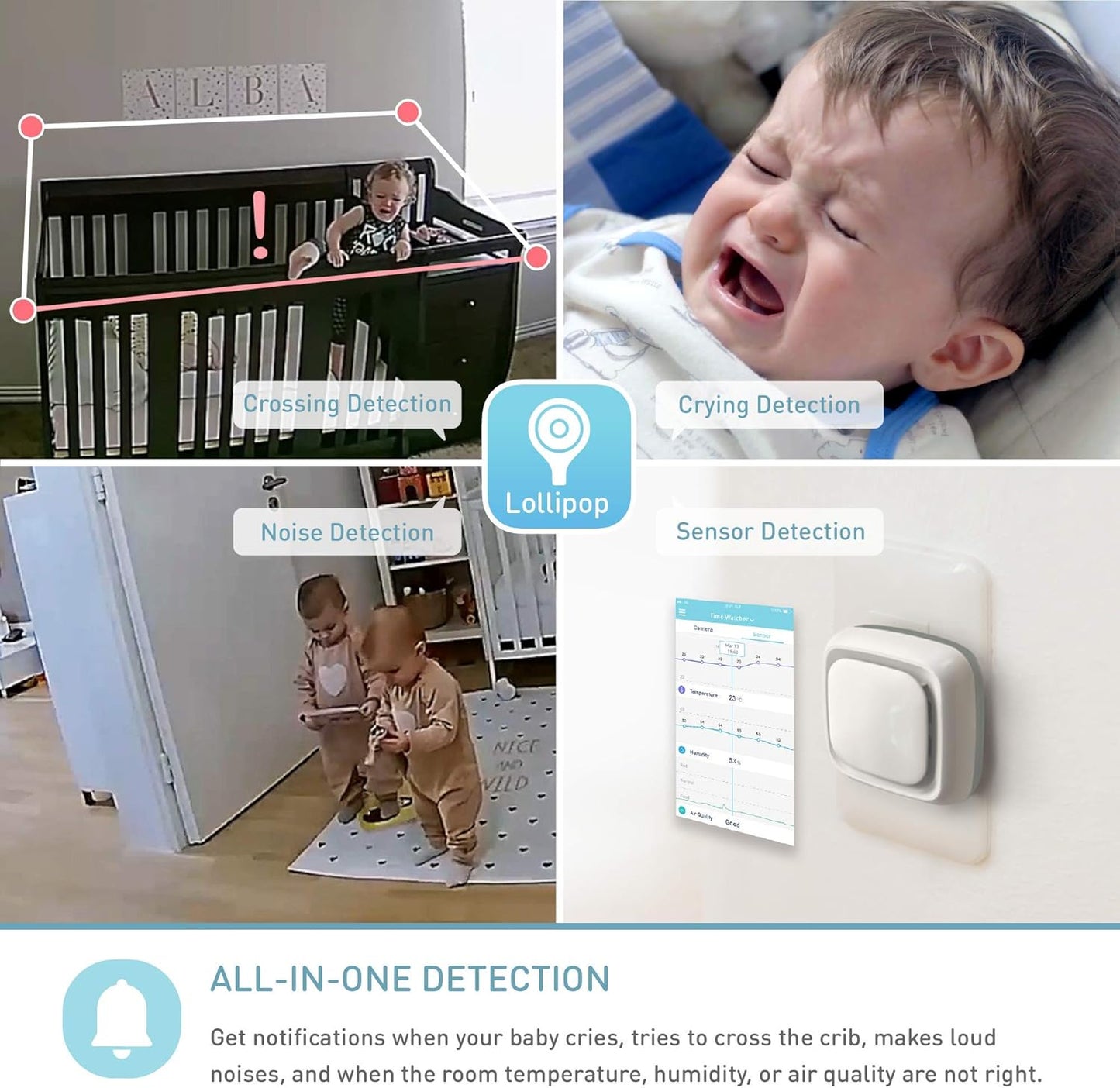 Lollipop Baby Monitor (turquesa) - Cámara Wi-Fi inteligente con funciones completas Detección de llanto real con plan adicional en la aplicación de monitoreo de respiración / Accesorios de seguimiento del sueño gratuitos / Período de prueba de 7 días