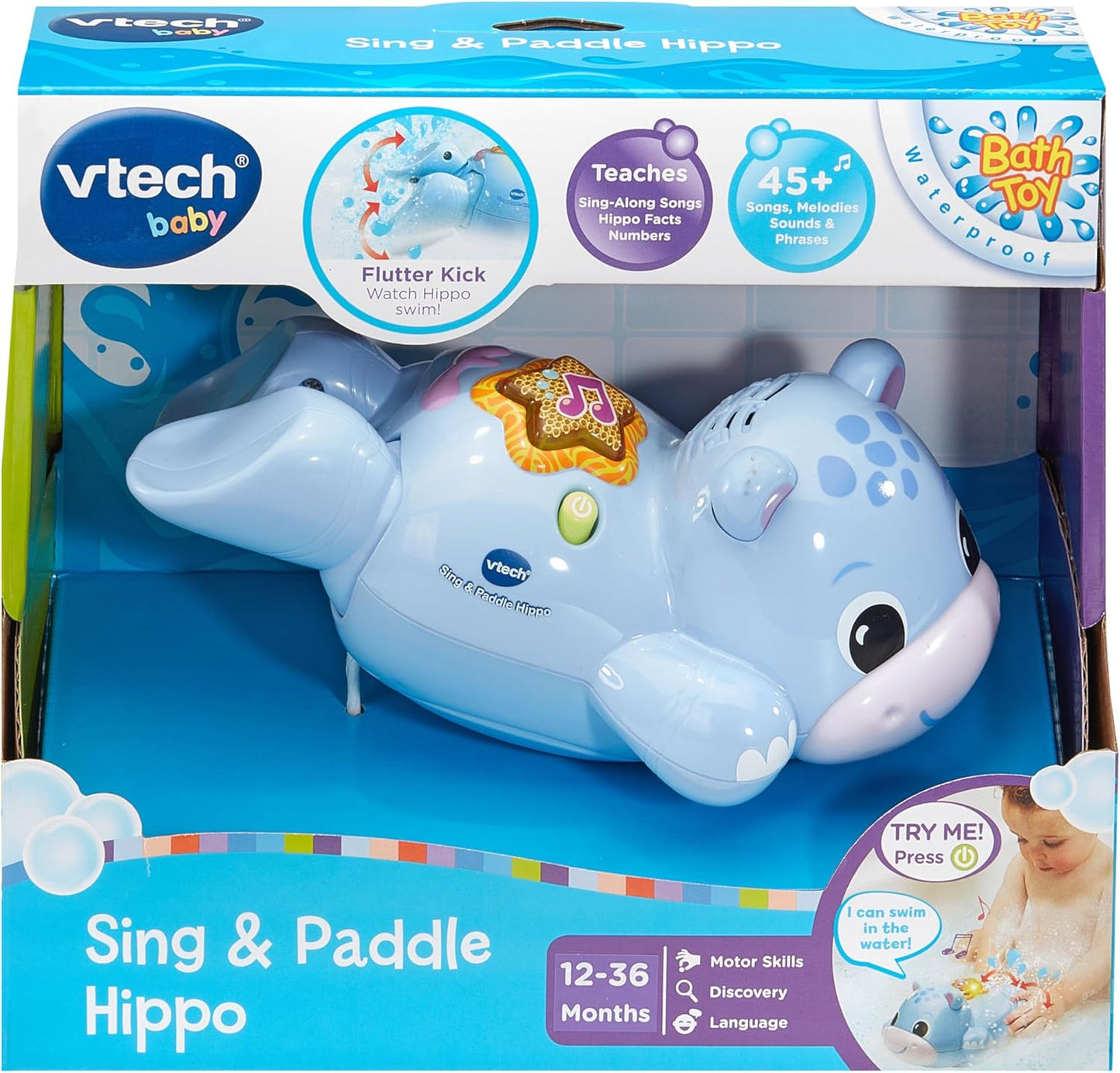 VTech Hipopótamo cantante e remador, brinquedo de banho hipopótamo nadador, botão interativo iluminado com frases e músicas, presente para bebês de 3, 6, 12, 18 meses ou mais, versão em inglês, azul