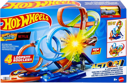 Hot Wheels Conjunto de pista de carro de brinquedo com 4 loops, zona de colisão de 3 vias e reforço motorizado, dobras para armazenamento, com carro de brinquedo em escala 1:64