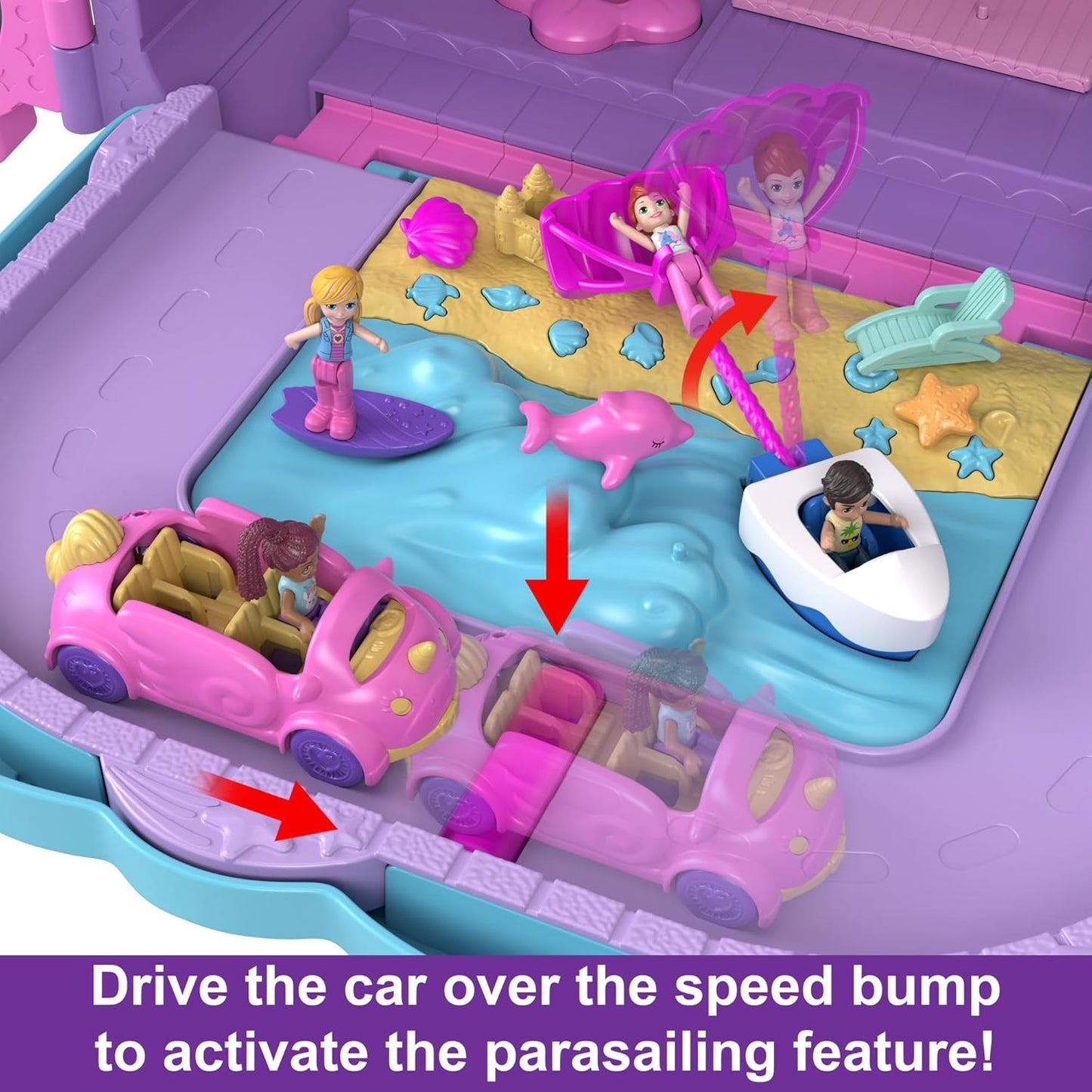 Polly Pocket Pollyville, conjunto de brinquedos Resort Roll Away com rodas giratórias, 5 áreas de lazer, 4 bonecas Polly Pocket, 1 veículo Polly Pocket, 30 acessórios de brinquedo, brinquedos para maiores de 4 anos, HKV43