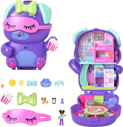 Polly Pocket Dolls e Playset, Sleepover Puppy Compact, brinquedo de viagem com 1 micro boneca, cães de estimação, acessórios de estilo de comida e moda, JCR38